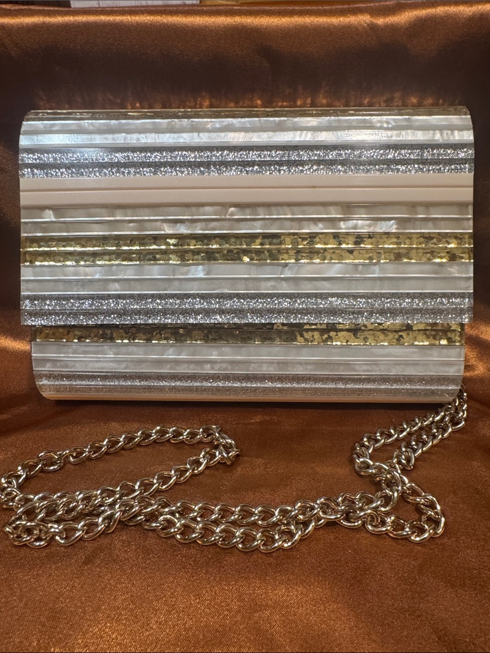 NWOT Kurt Geiger RARE Elegant Silver & Gold Crossbody or Removable Strap Clutch